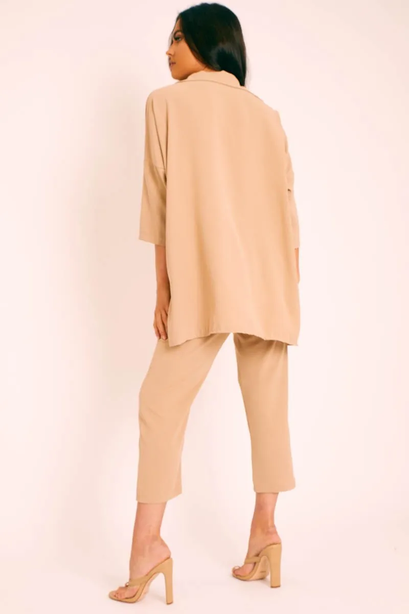 Beige Crepe Oversized Shirt and Cropped Trousers Co-ord - Ellee