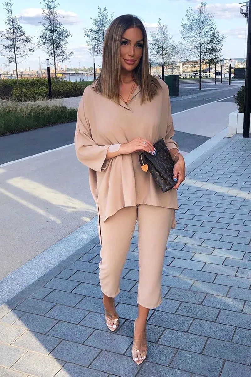 Beige Crepe Oversized Shirt and Cropped Trousers Co-ord - Ellee