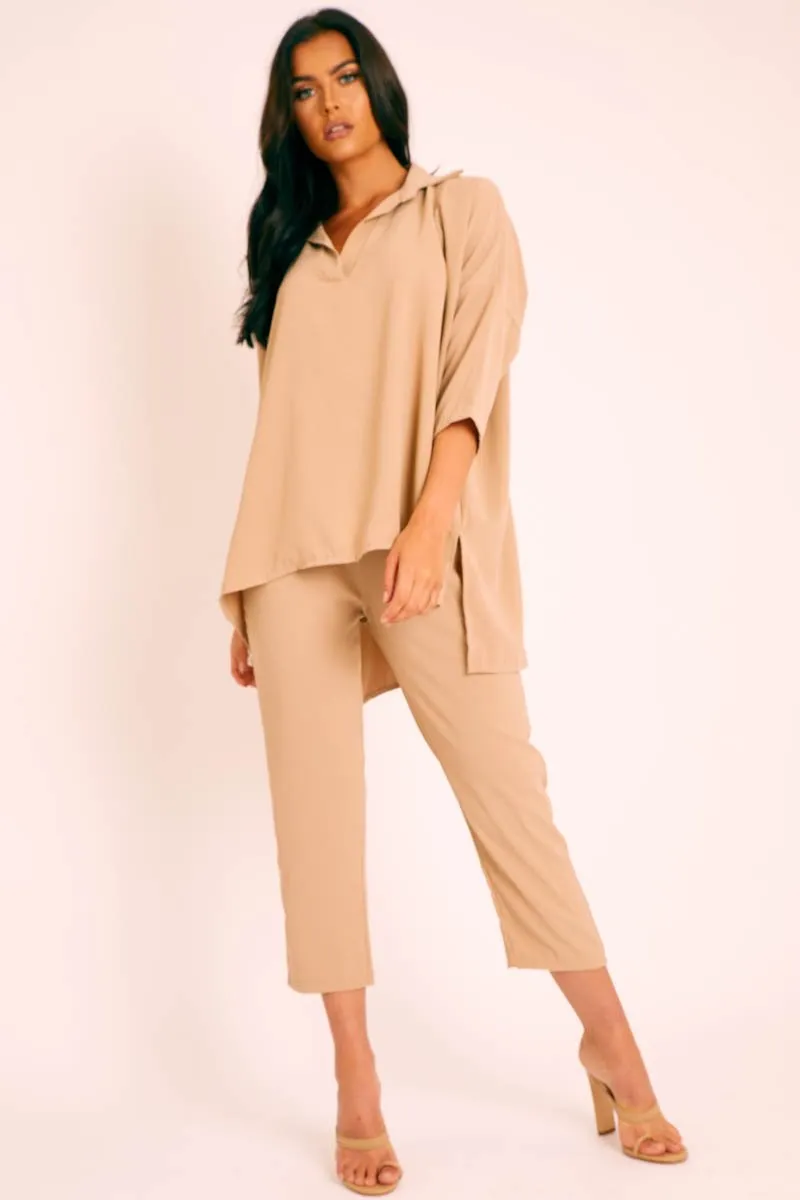 Beige Crepe Oversized Shirt and Cropped Trousers Co-ord - Ellee