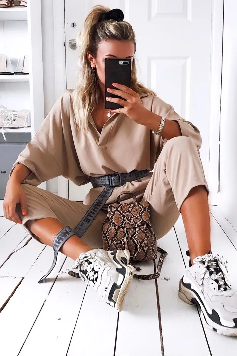 Beige Crepe Oversized Shirt and Cropped Trousers Co-ord - Ellee