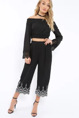 Black Cropped Wide Leg Trousers - Eliana