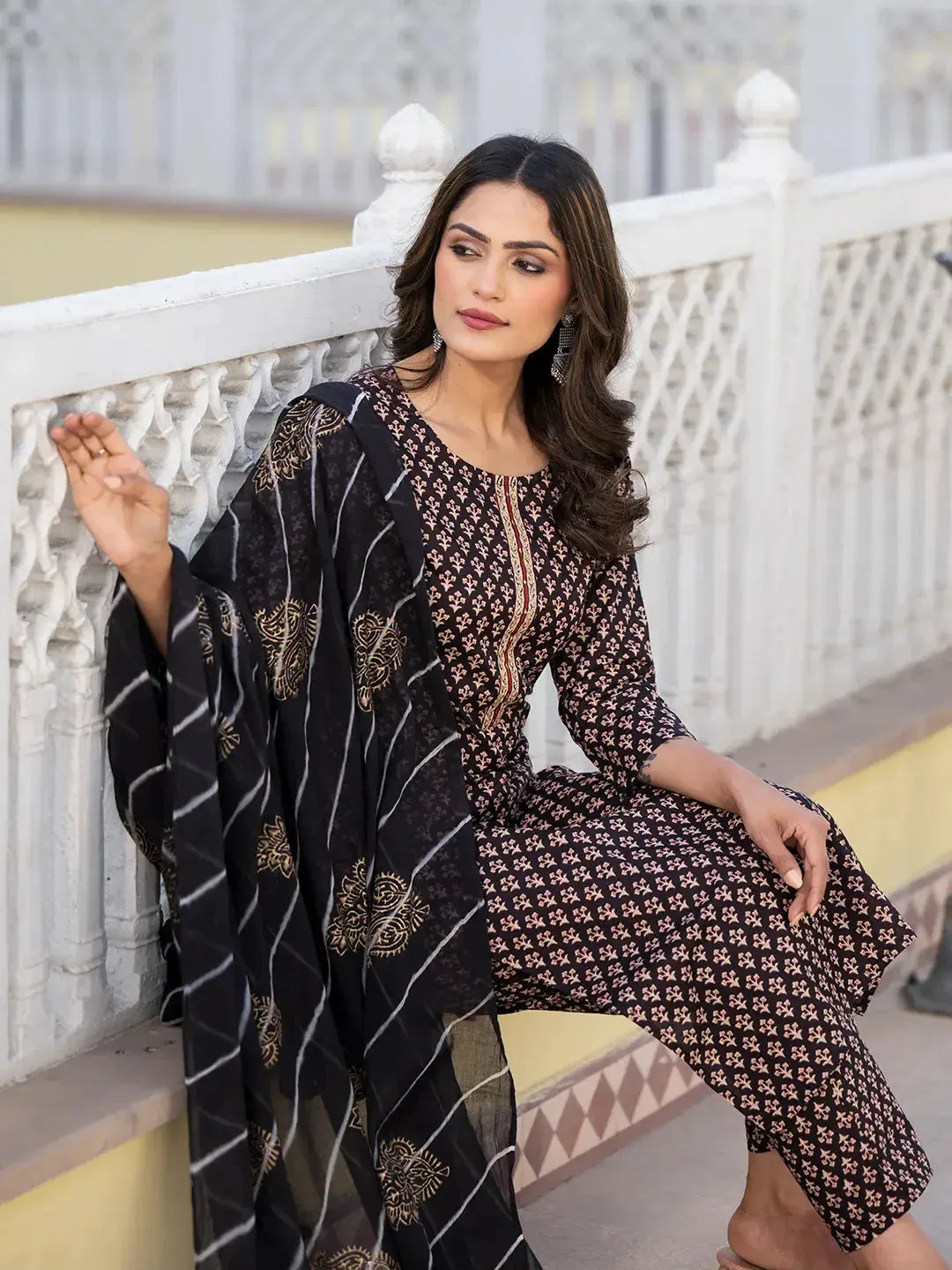 Black Cutdana_Work Straight Kurta Trouser And Dupatta Set