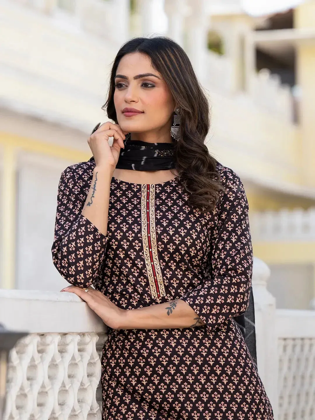 Black Cutdana_Work Straight Kurta Trouser And Dupatta Set