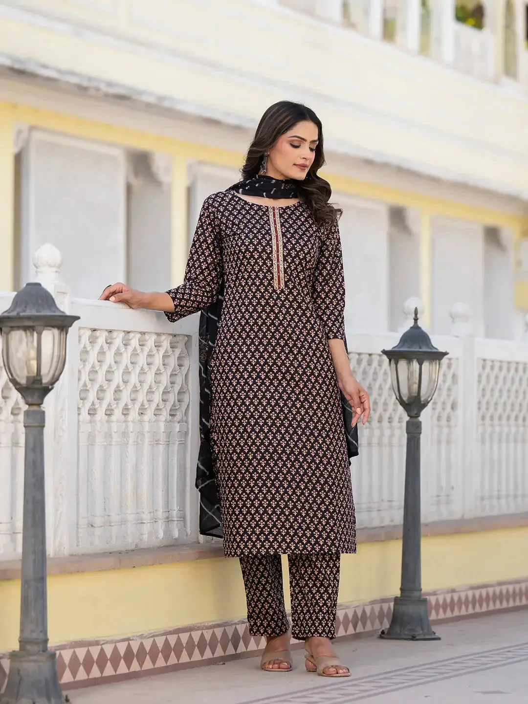 Black Cutdana_Work Straight Kurta Trouser And Dupatta Set