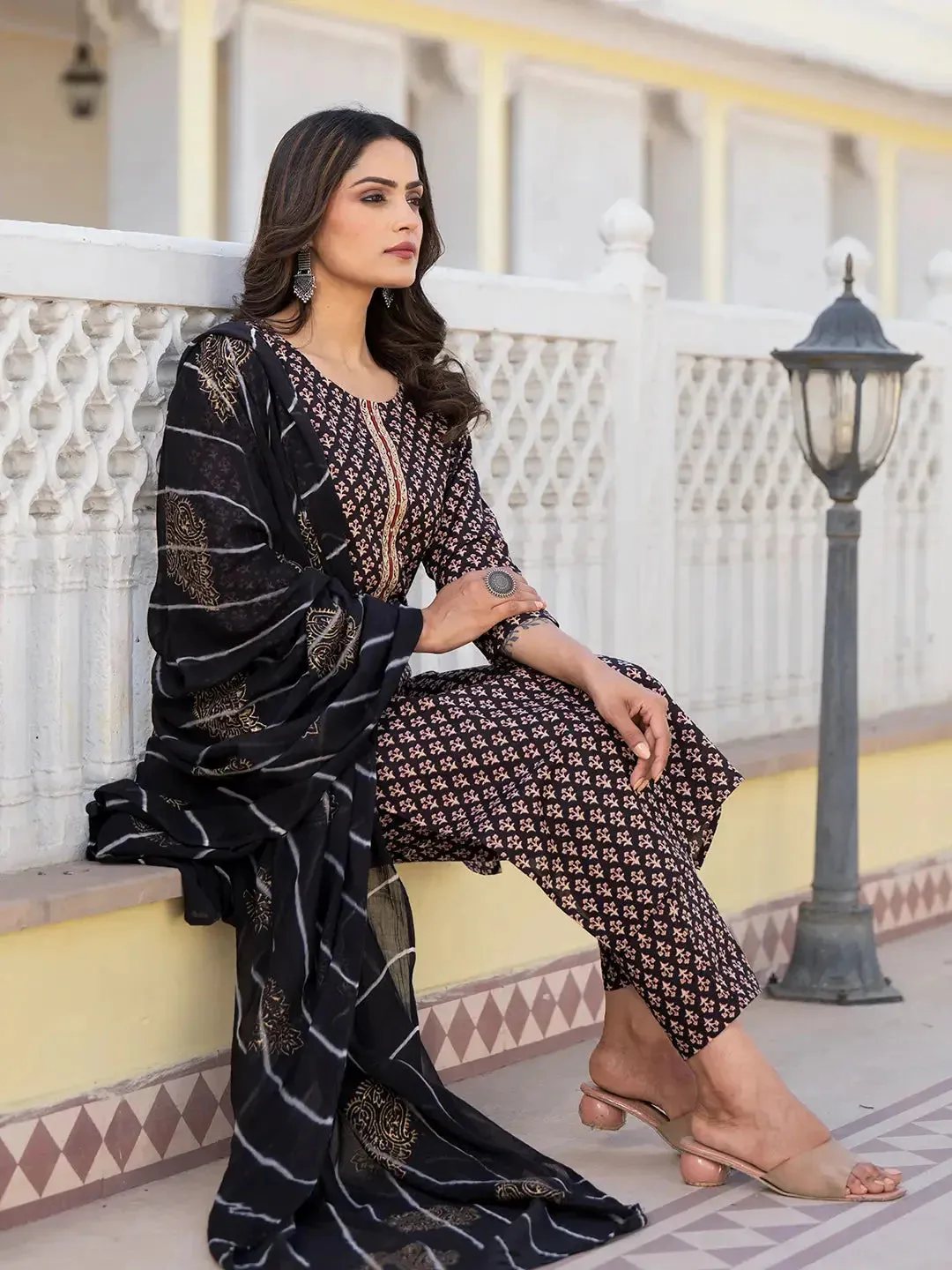 Black Cutdana_Work Straight Kurta Trouser And Dupatta Set