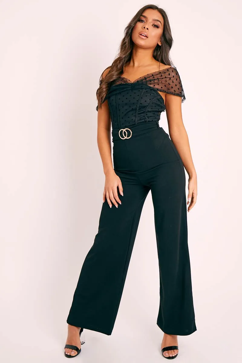 Black Double Circle Buckle Belted Wide Leg Trousers - Darbi