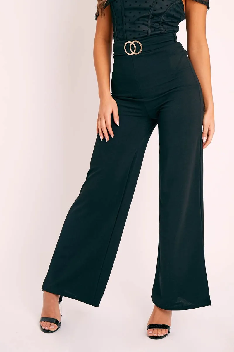 Black Double Circle Buckle Belted Wide Leg Trousers - Darbi