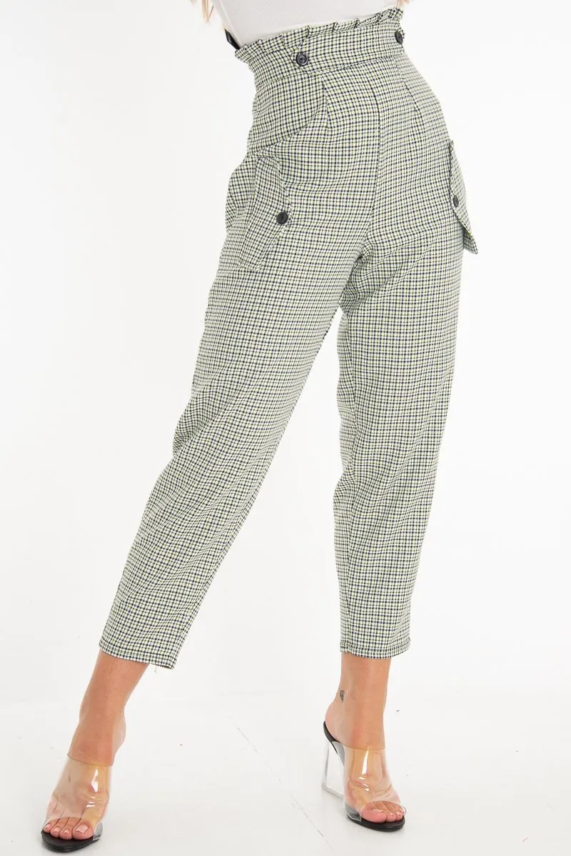 Chic Black and Green Check Frill Detail Trousers for Women - Bristal