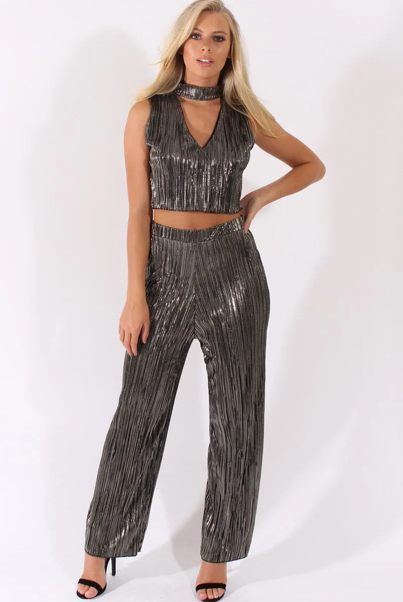 Black Metallic Shimmer Pleated High Waisted Trousers - Phoebe