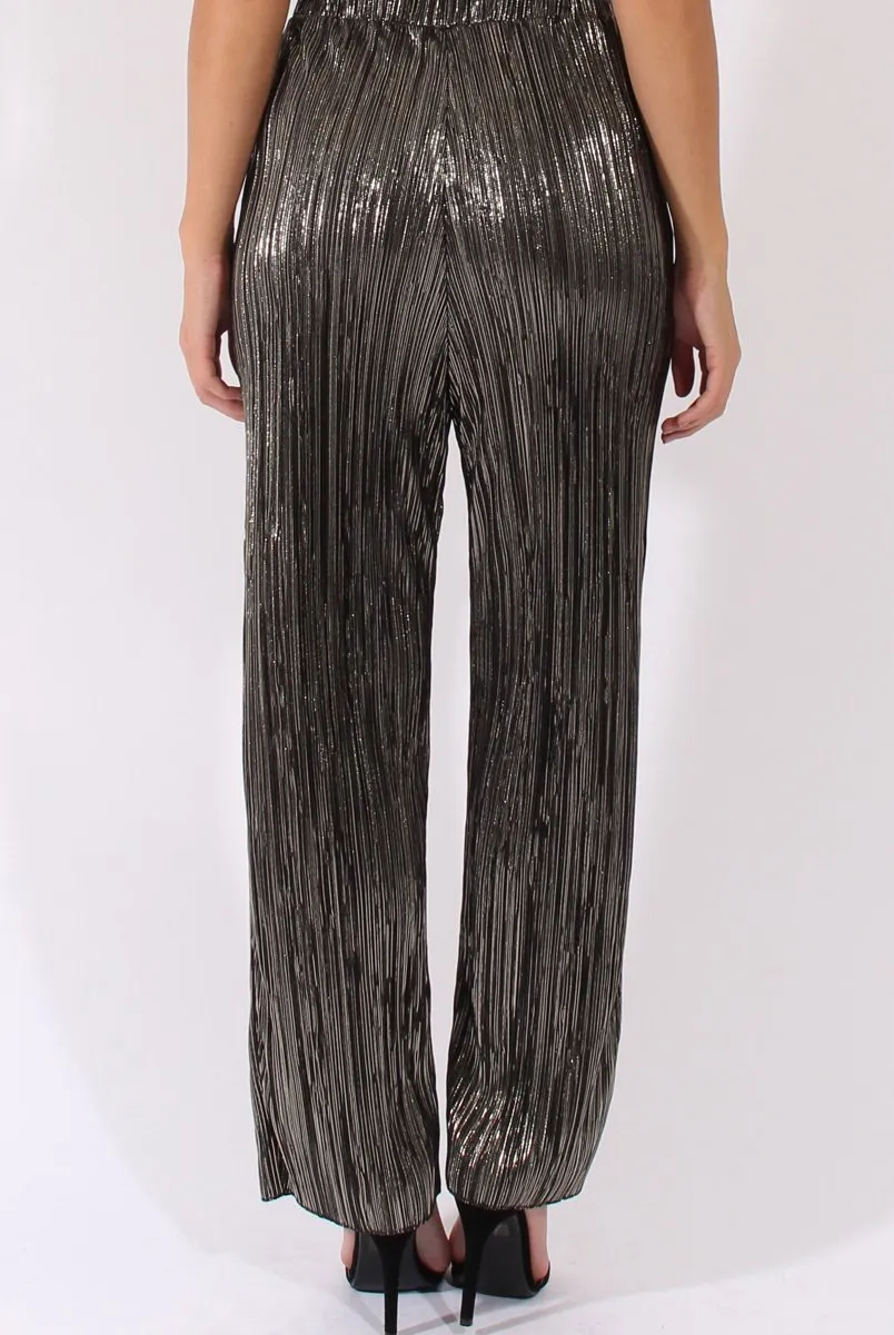 Black Metallic Shimmer Pleated High Waisted Trousers - Phoebe