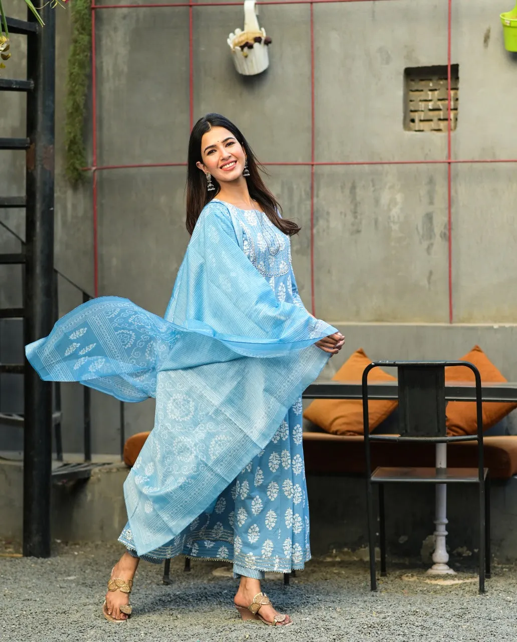 Blue & White Embroidered Hand Block Anarkali Kurta With Trousers & Dupatta