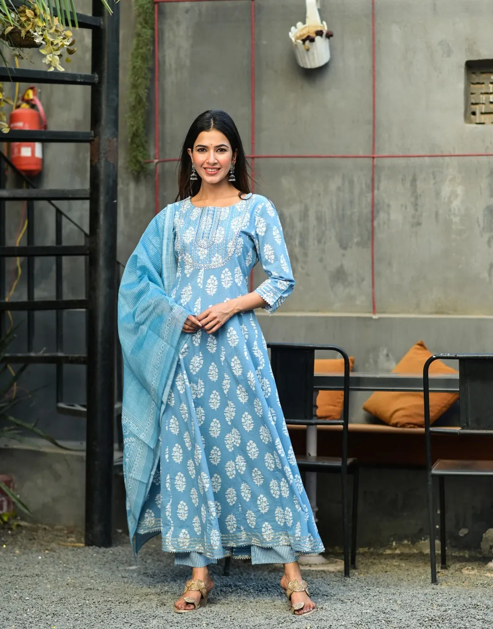 Blue & White Embroidered Hand Block Anarkali Kurta With Trousers & Dupatta