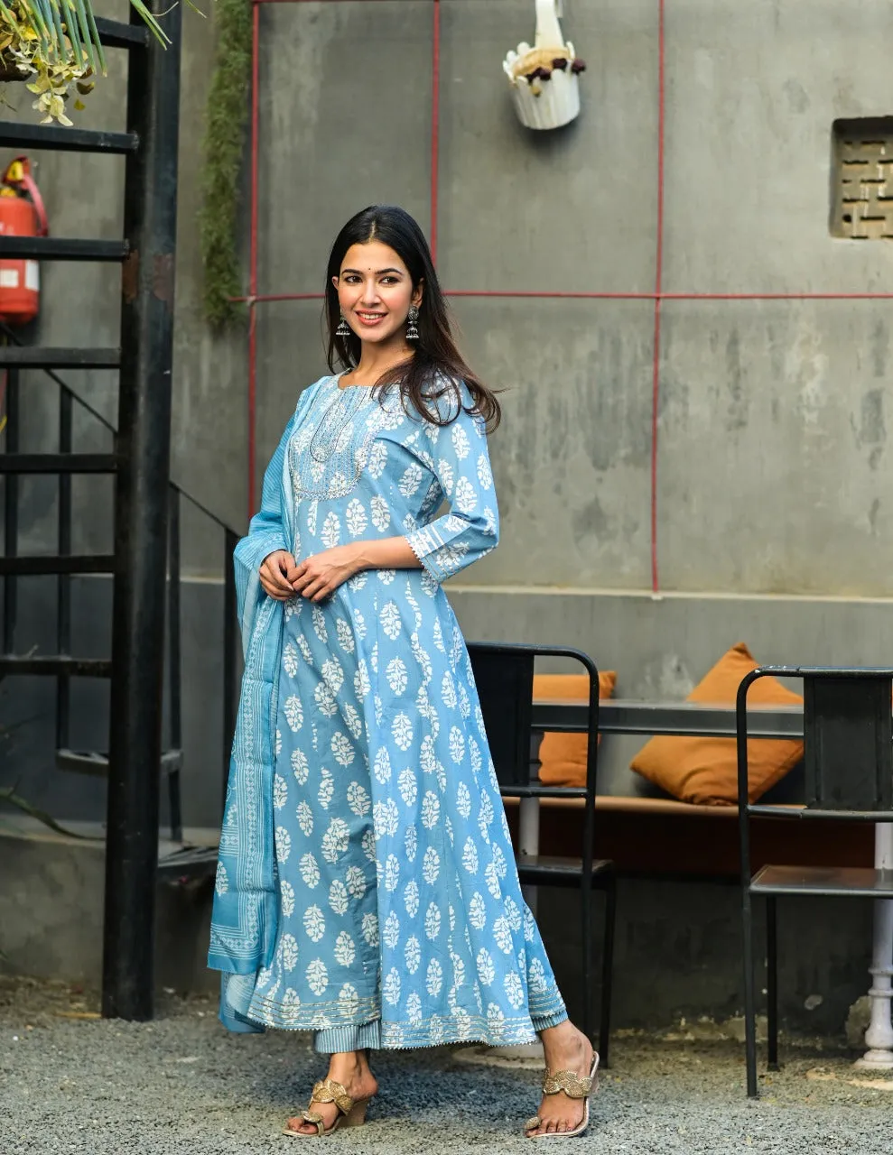 Blue & White Embroidered Hand Block Anarkali Kurta With Trousers & Dupatta