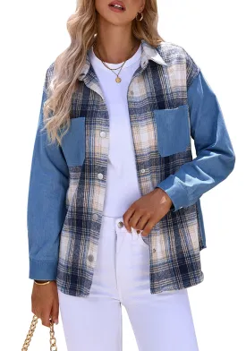 Blue Plaid Women's Brief Button Down Denim Loose Plaid Flannel Shirt Coats Jackets