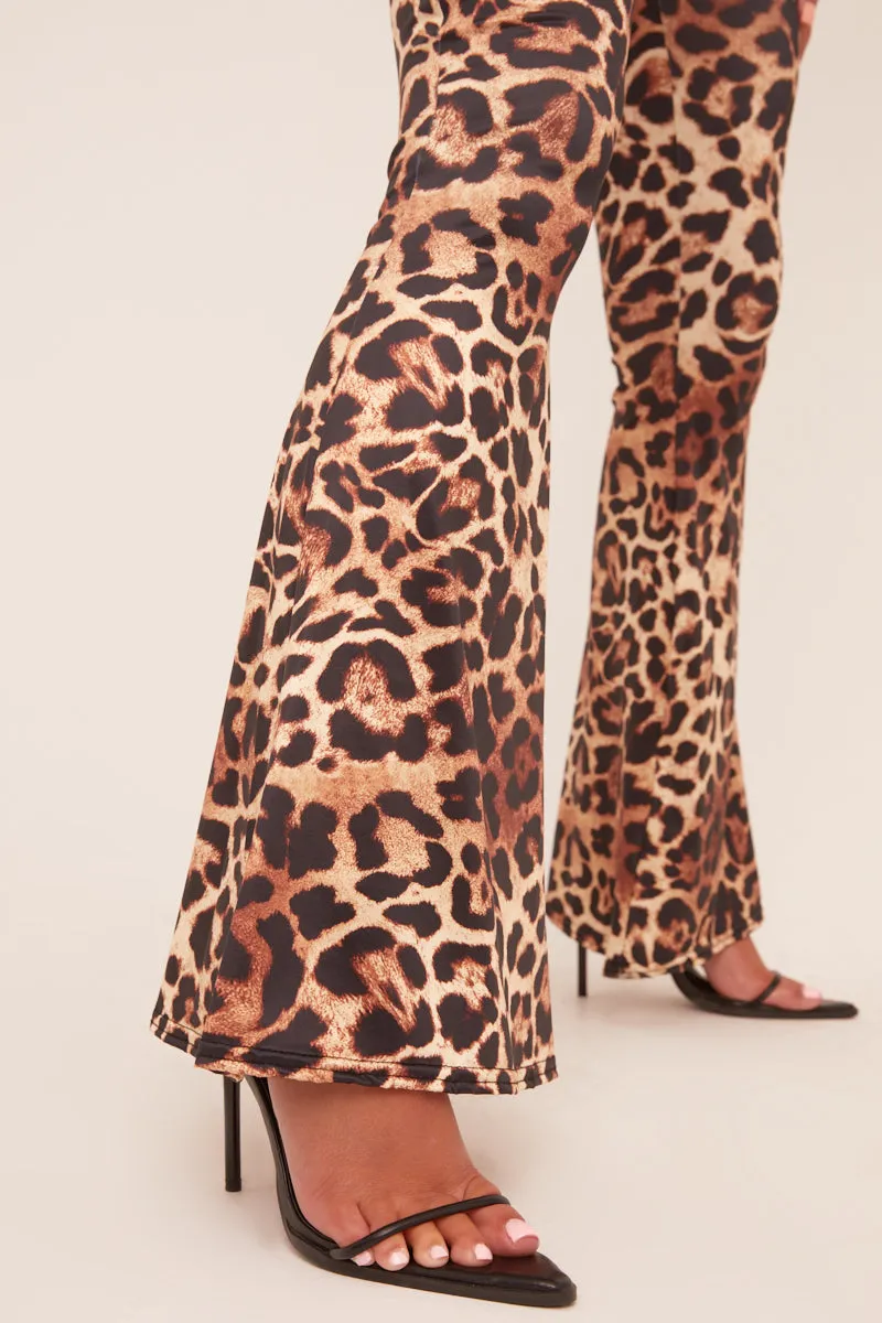 Brown Leopard Print Ruched Back Flared Leg Trousers - Molli