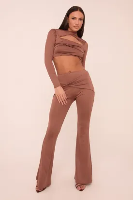 Brown Twist Detail Long Sleeves Crop Top & Kick Flare Trousers Co-ord Set - Holly