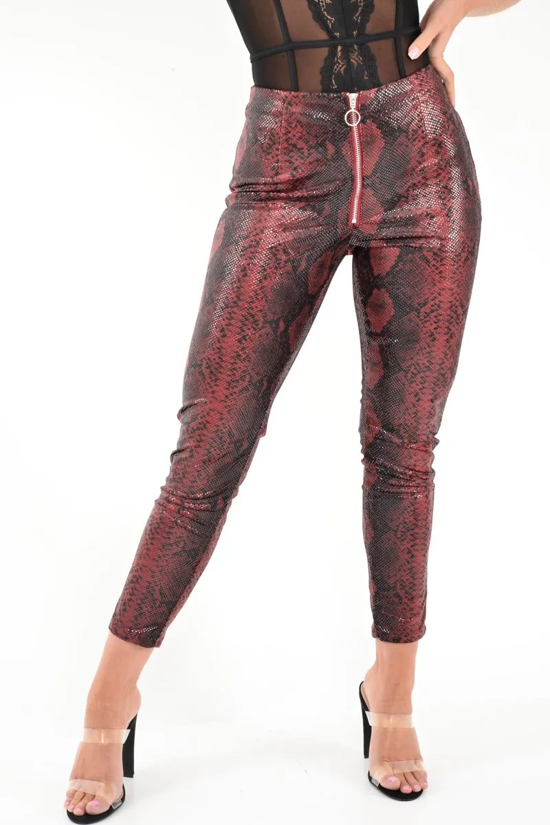 Burgundy Snake Coated Zip Front Trousers - Destynie