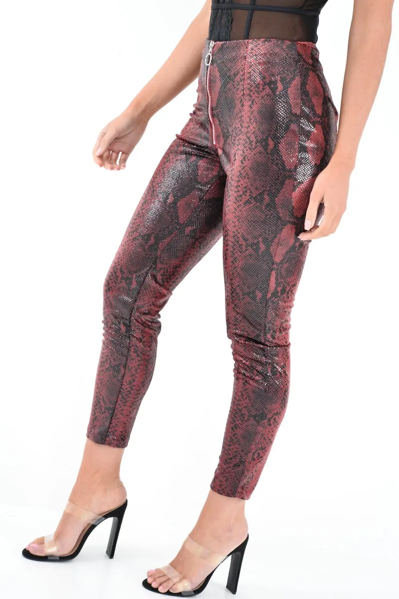 Burgundy Snake Coated Zip Front Trousers - Destynie