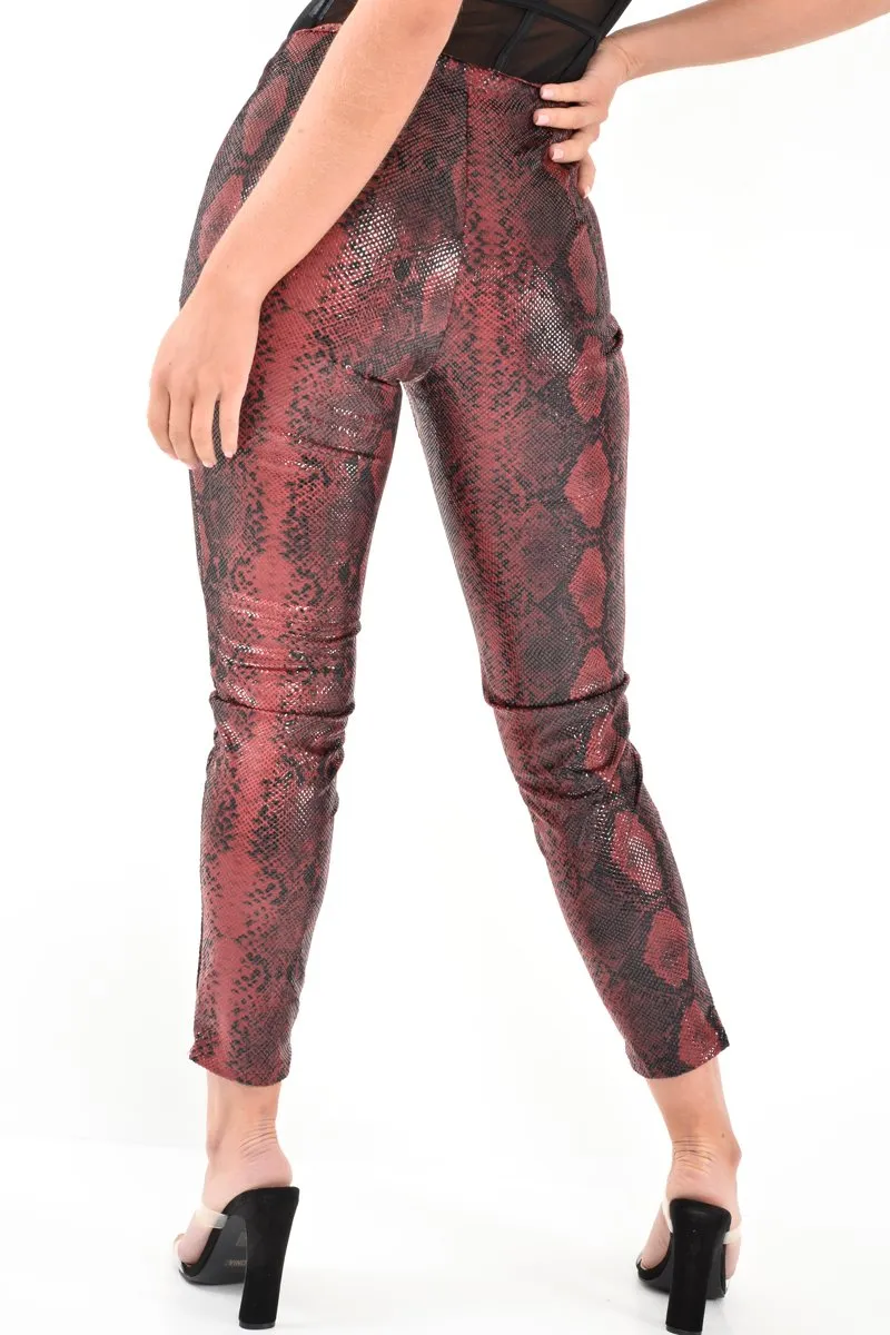 Burgundy Snake Coated Zip Front Trousers - Destynie