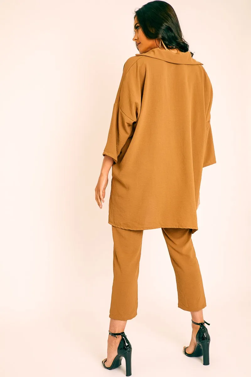 Camel Crepe Oversized Shirt and Cropped Trousers Co-ord - Ellee