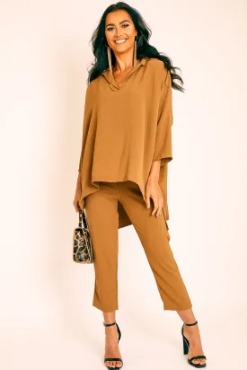 Camel Crepe Oversized Shirt and Cropped Trousers Co-ord - Ellee