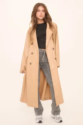 Camel Faux Leather Double Breasted Oversized Longline Trench Coat - Ethel