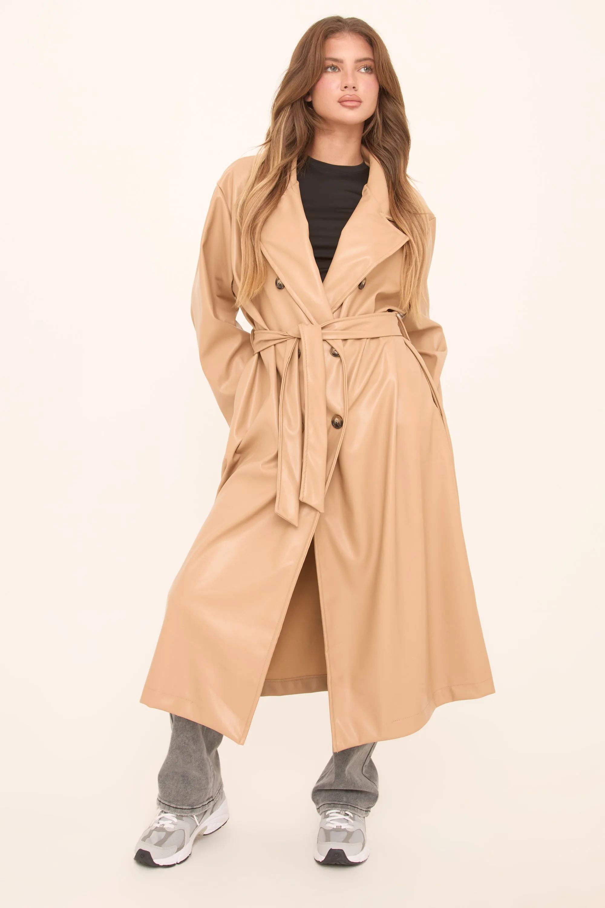 Camel Faux Leather Double Breasted Oversized Longline Trench Coat - Ethel