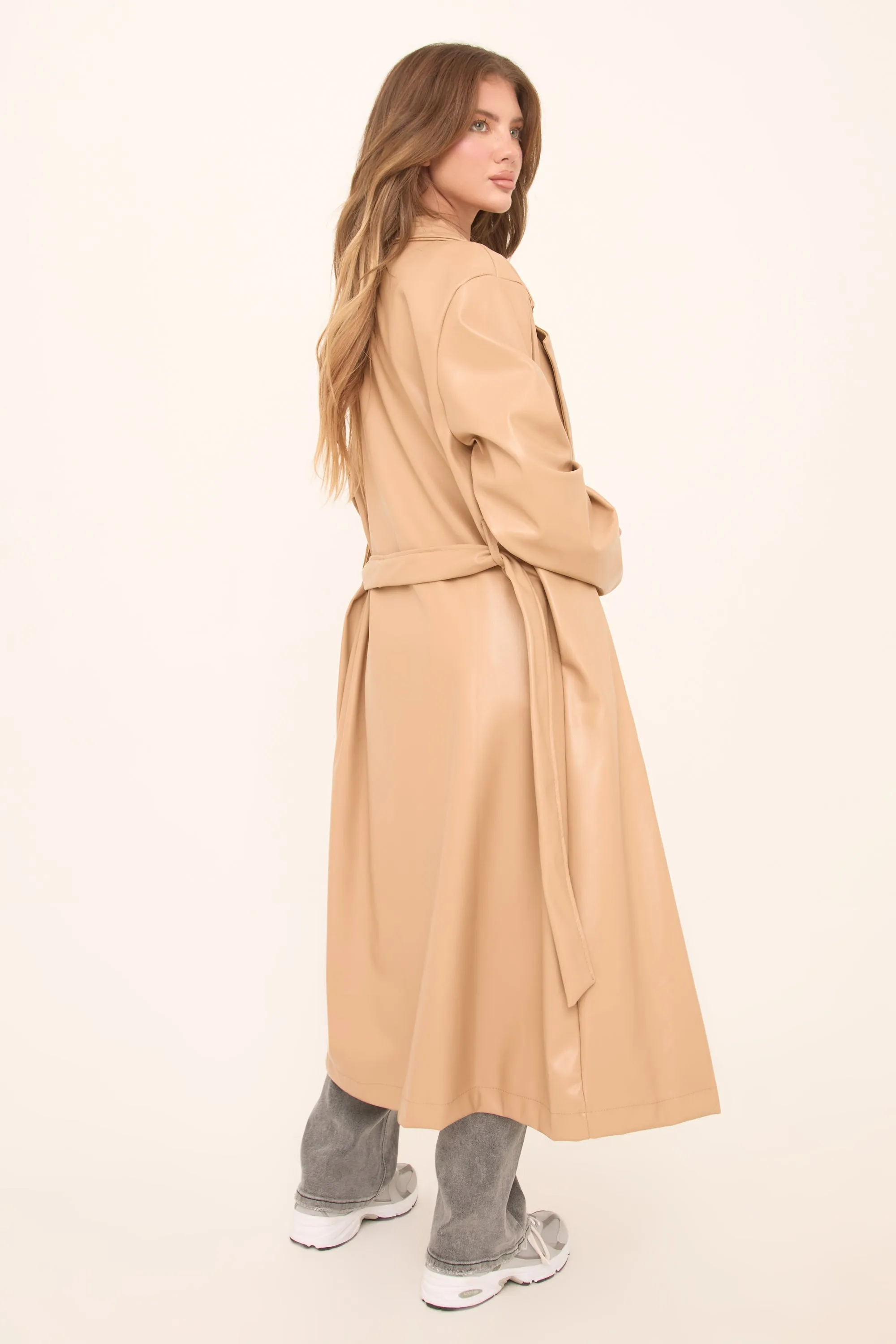 Camel Faux Leather Double Breasted Oversized Longline Trench Coat - Ethel