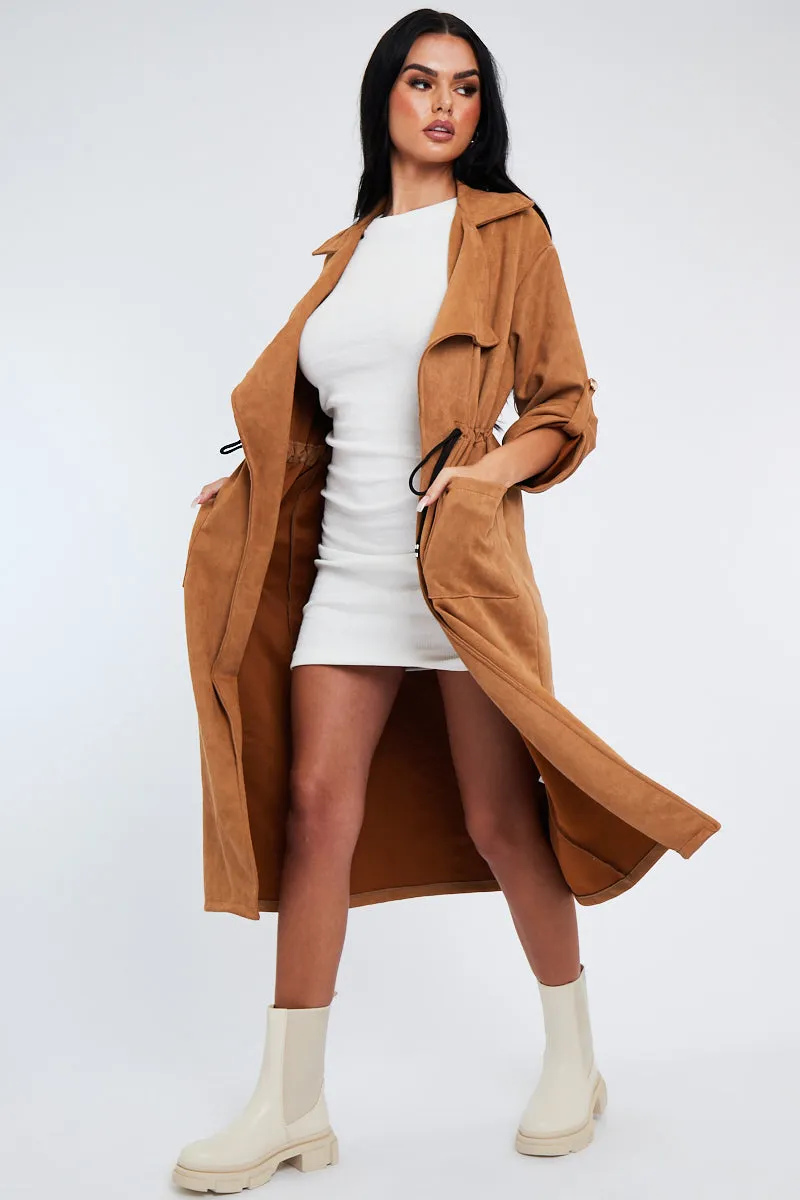 Camel Suede Relaxed Tie Waist Trench Coat - Rora