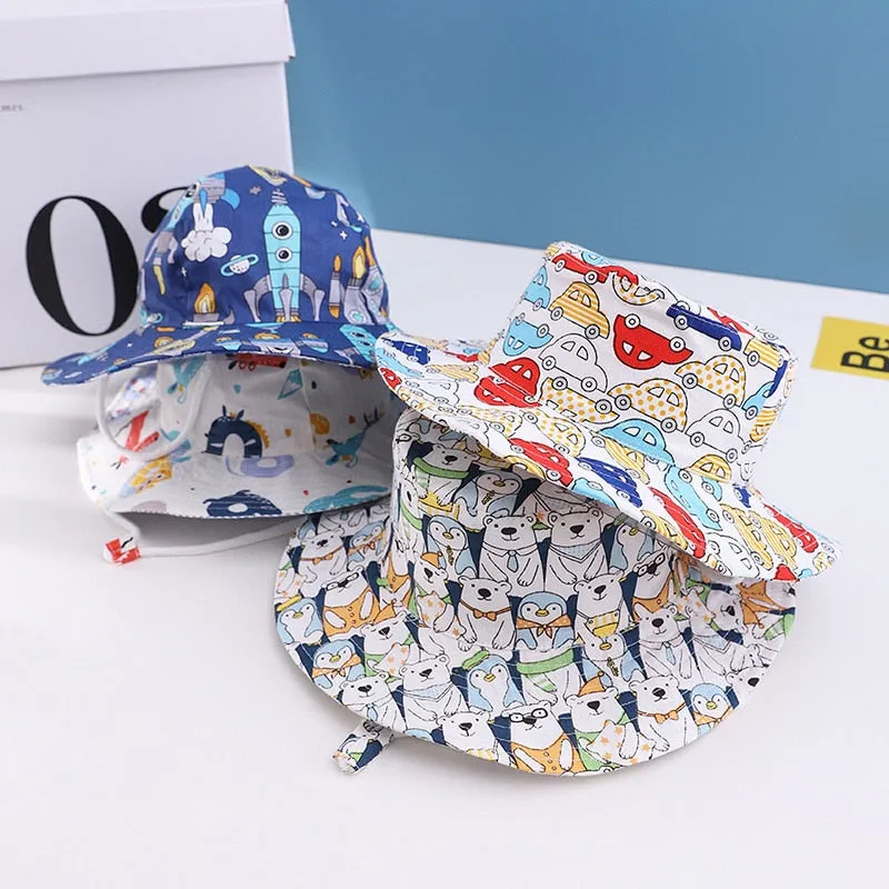 Cartoon Printing Cotton Baby Panama Cap Children Fisherman Hat Boys Girls Summer Outdoor Beach Sun Bucket Caps