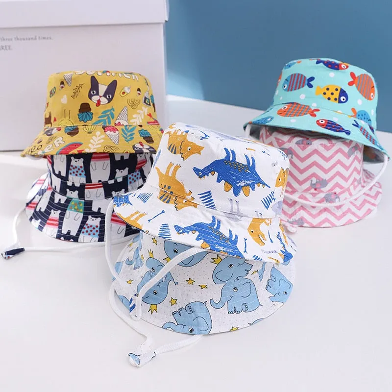 Cartoon Printing Cotton Baby Panama Cap Children Fisherman Hat Boys Girls Summer Outdoor Beach Sun Bucket Caps