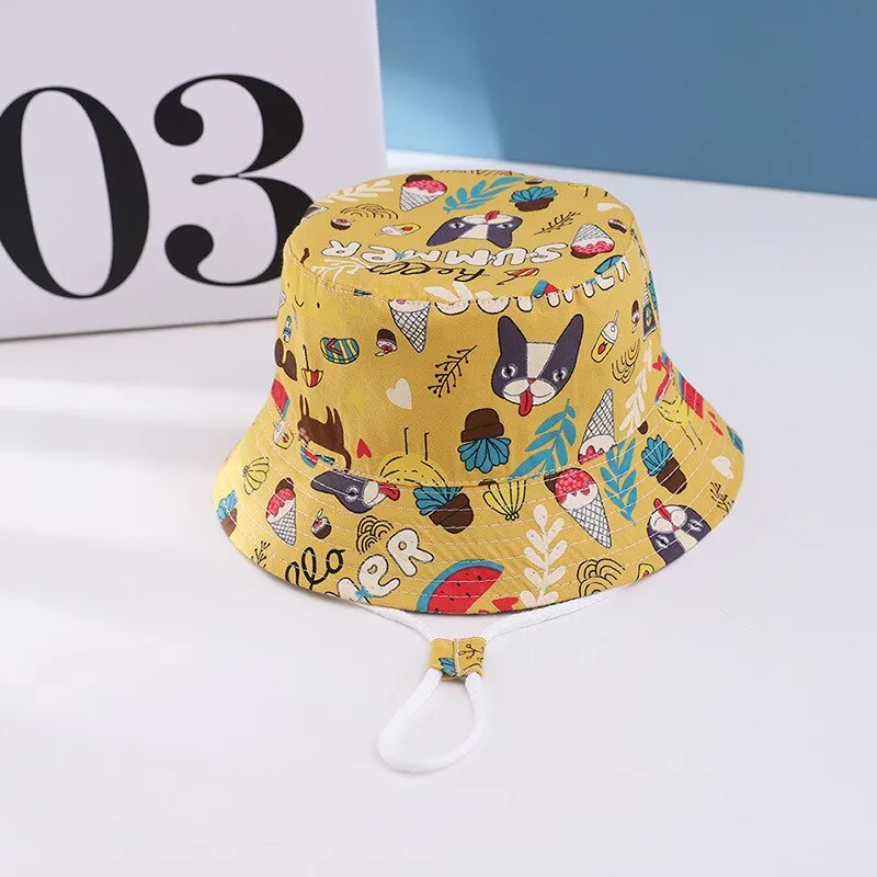 Cartoon Printing Cotton Baby Panama Cap Children Fisherman Hat Boys Girls Summer Outdoor Beach Sun Bucket Caps