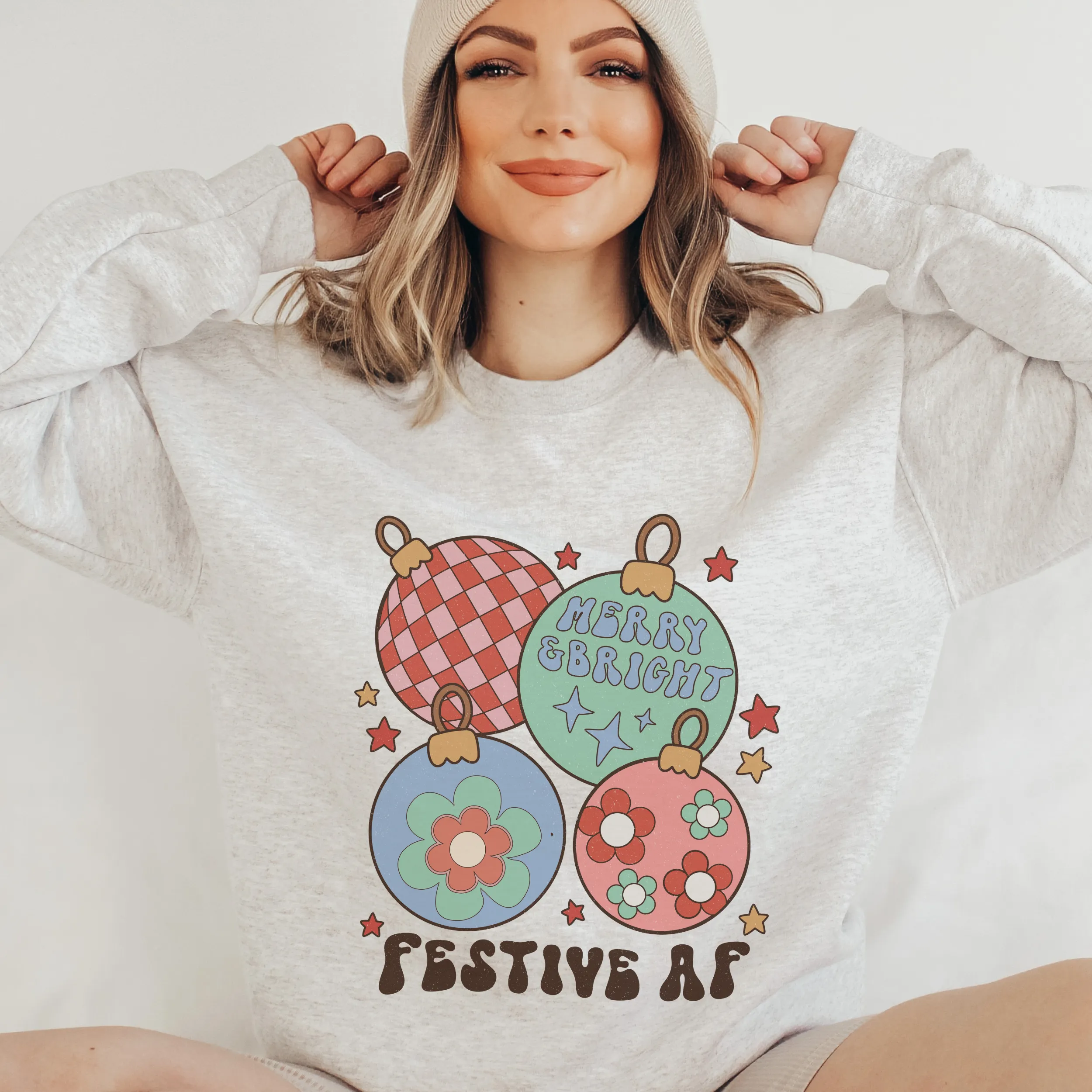 Christmas Crewneck Sweatshirt Ash, Sand, or White Women's Funny Festive AF Retro Christmas Ornaments Design Trendy Cozy Gildan® Pullover