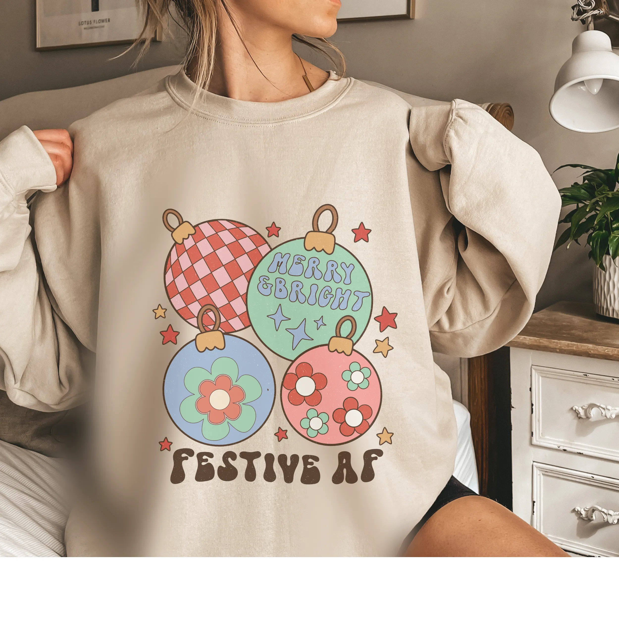 Christmas Crewneck Sweatshirt Ash, Sand, or White Women's Funny Festive AF Retro Christmas Ornaments Design Trendy Cozy Gildan® Pullover