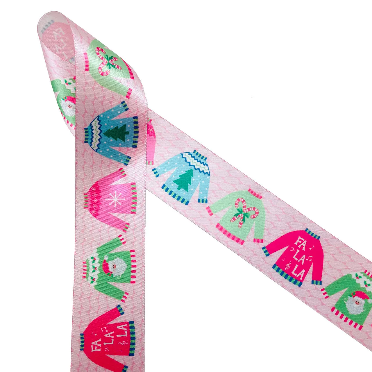 Christmas Ribbon Sweaters in pastel colors on a pink knit background printed on 1.5" white satin