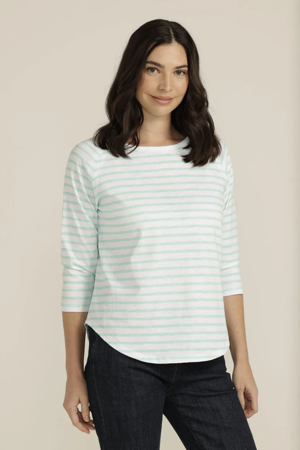 Cotton Raglan Sleeve Stripe Tee White/Aqua