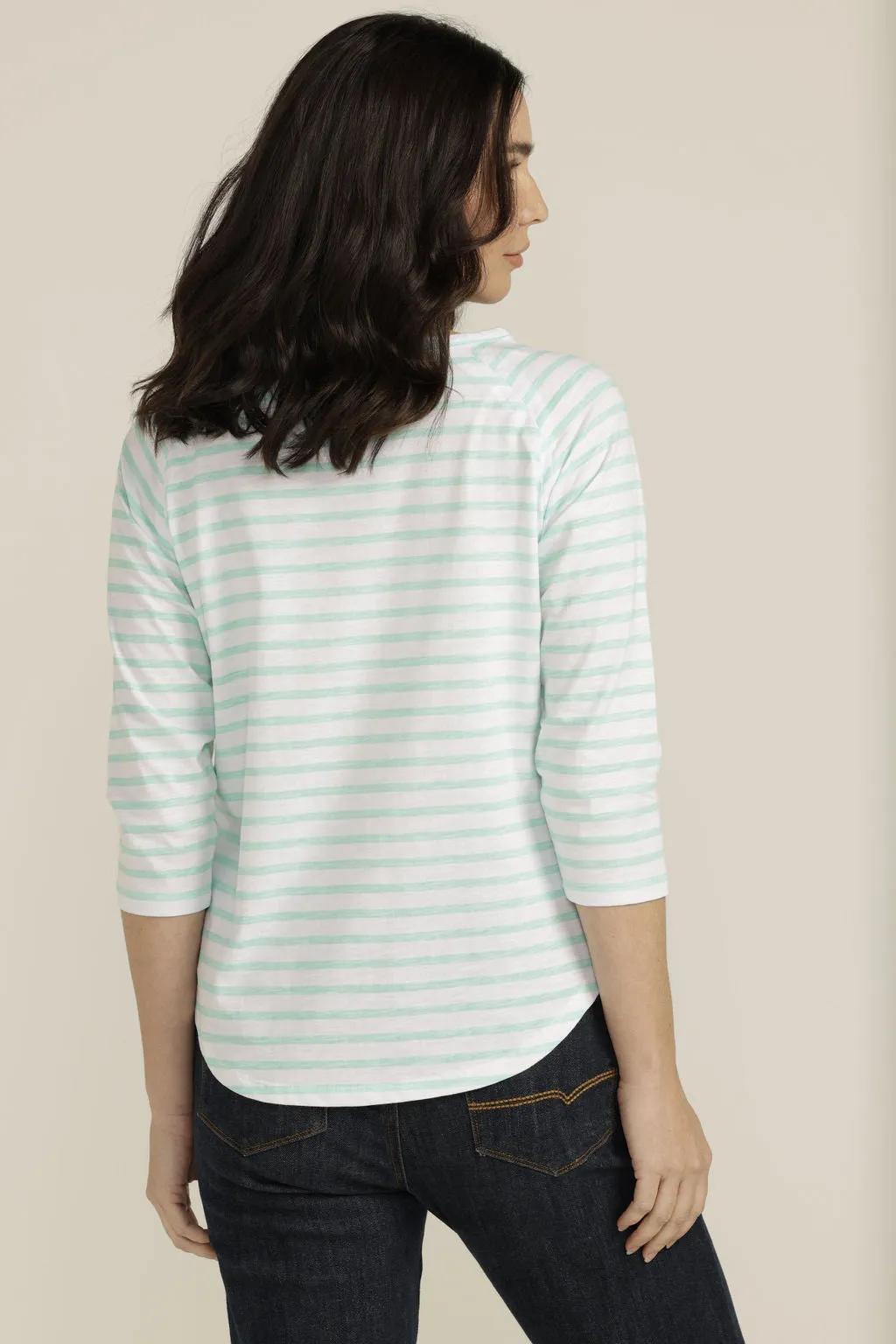 Cotton Raglan Sleeve Stripe Tee White/Aqua