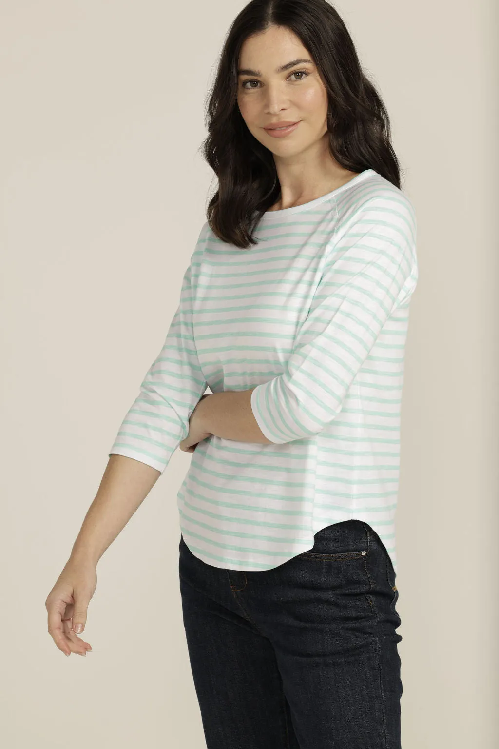 Cotton Raglan Sleeve Stripe Tee White/Aqua