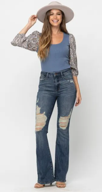 Eva High Waste Destroyed Flare Jeans - Judy Blue