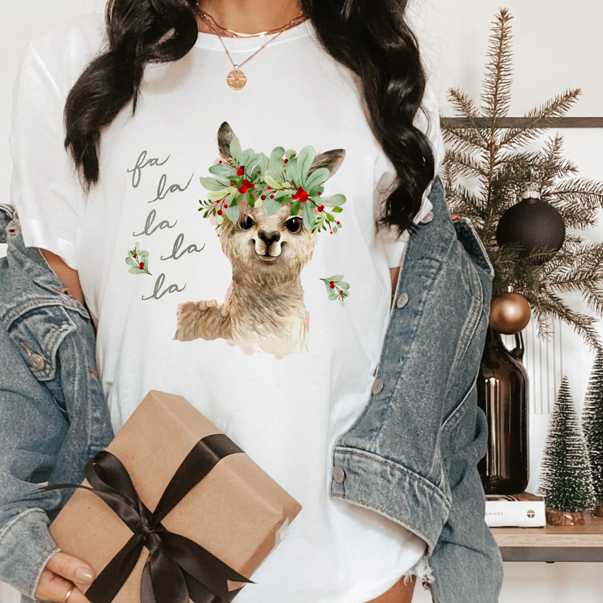 Fa La La La Llama Crewneck Sweatshirt Women's Winter Watercolor Llama Design Ash or White Cozy Gildan Sweatshirt