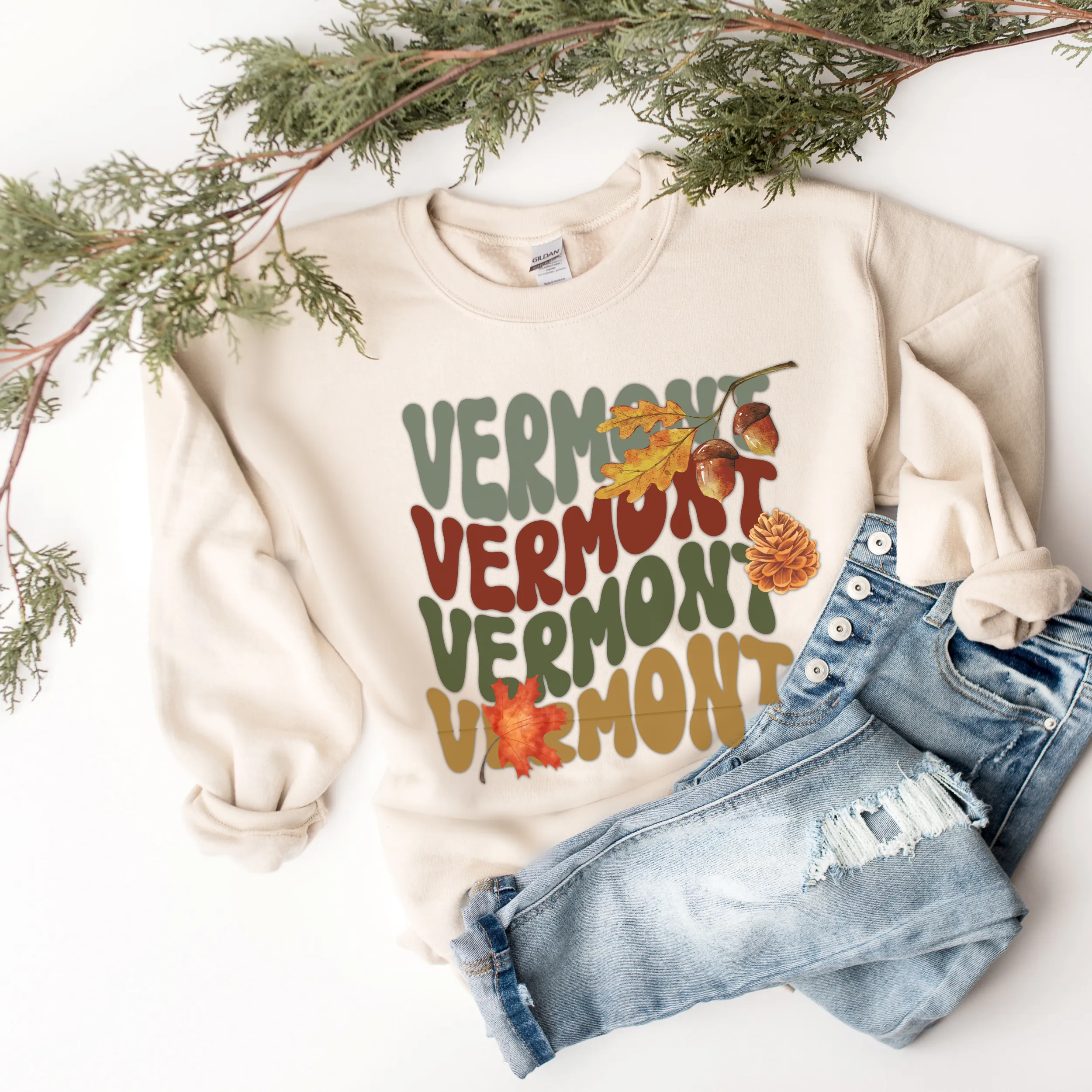 Fall Colorful Vermont Crewneck Sweatshirt or T-shirt Warm and Cozy Retro Fall Colors Gildan® Pullover in Ash, Sand or White