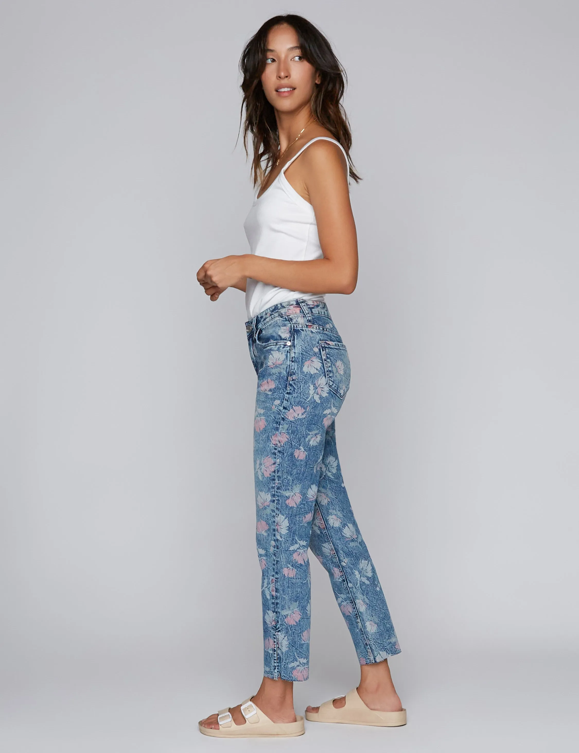 Floral Print Straight Ankle Jeans