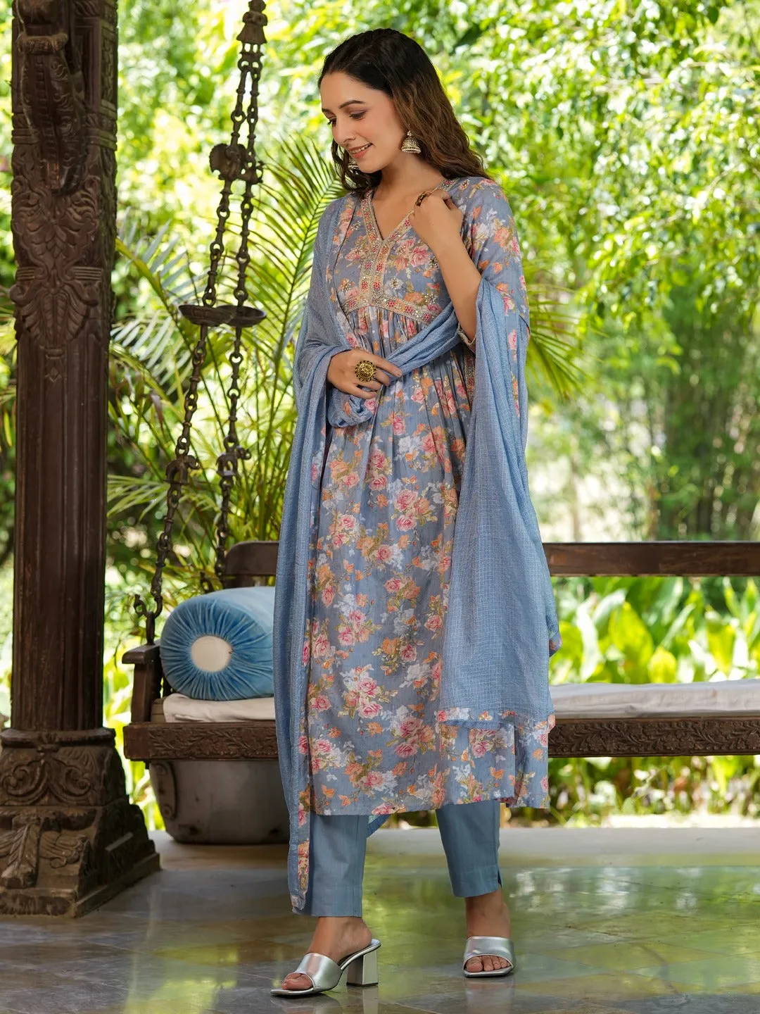 Floral Printed Empire Pure Cotton Kurta With Trousers & Dupatta