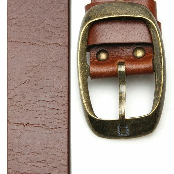 Full Grain Genuine Leather Belt City Oxford Curve Brass Buckle - Brown