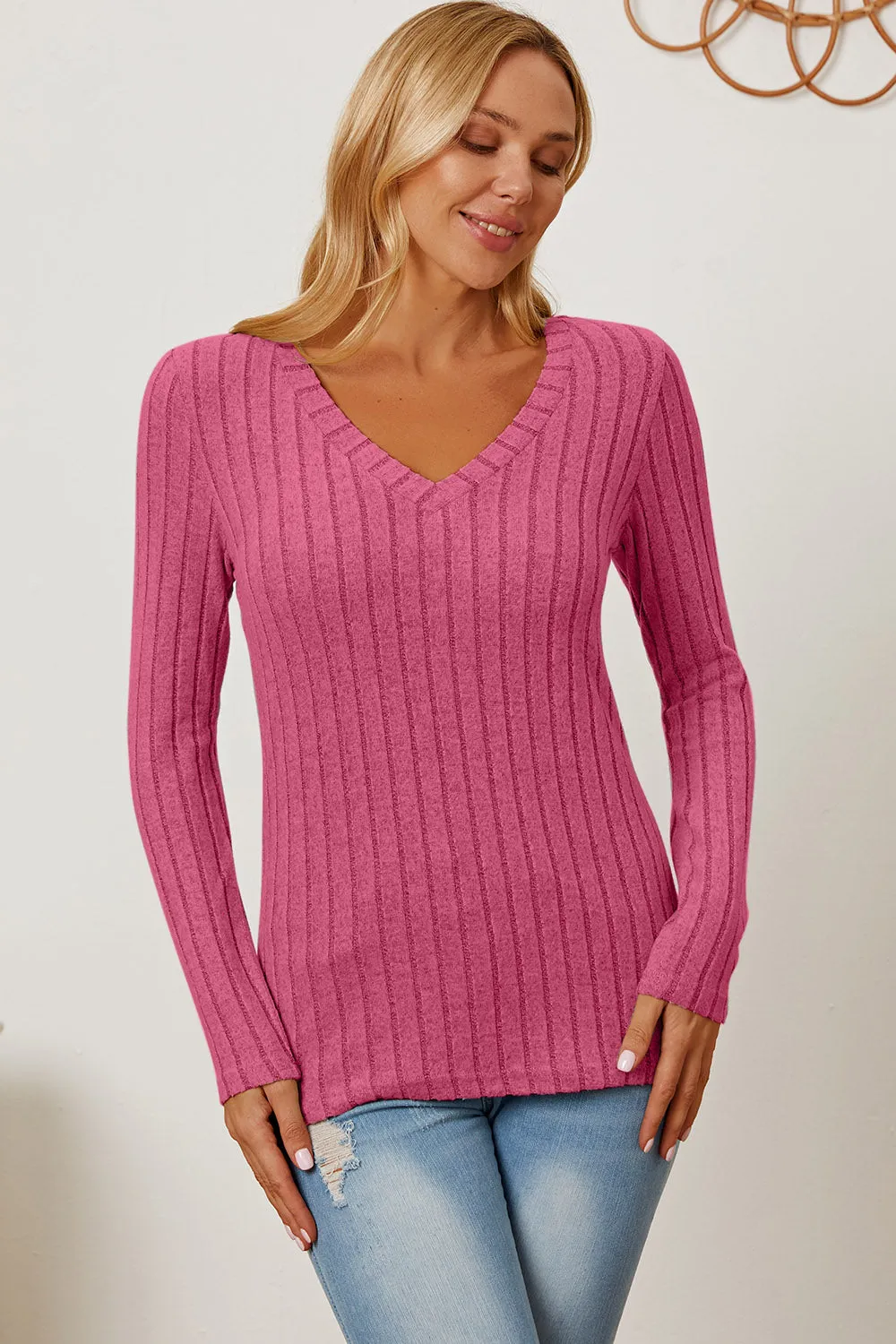 Full Size Ribbed V-Neck Long Sleeve T-Shirt