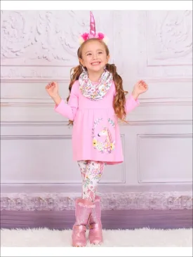 Girls Pink Unicorn Print Tunic, Leggings And Scarf Set