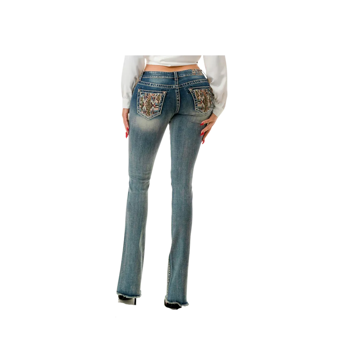 Grace Women's Multiple Colorful Embroidery Mid Rise Bootcut Jeans