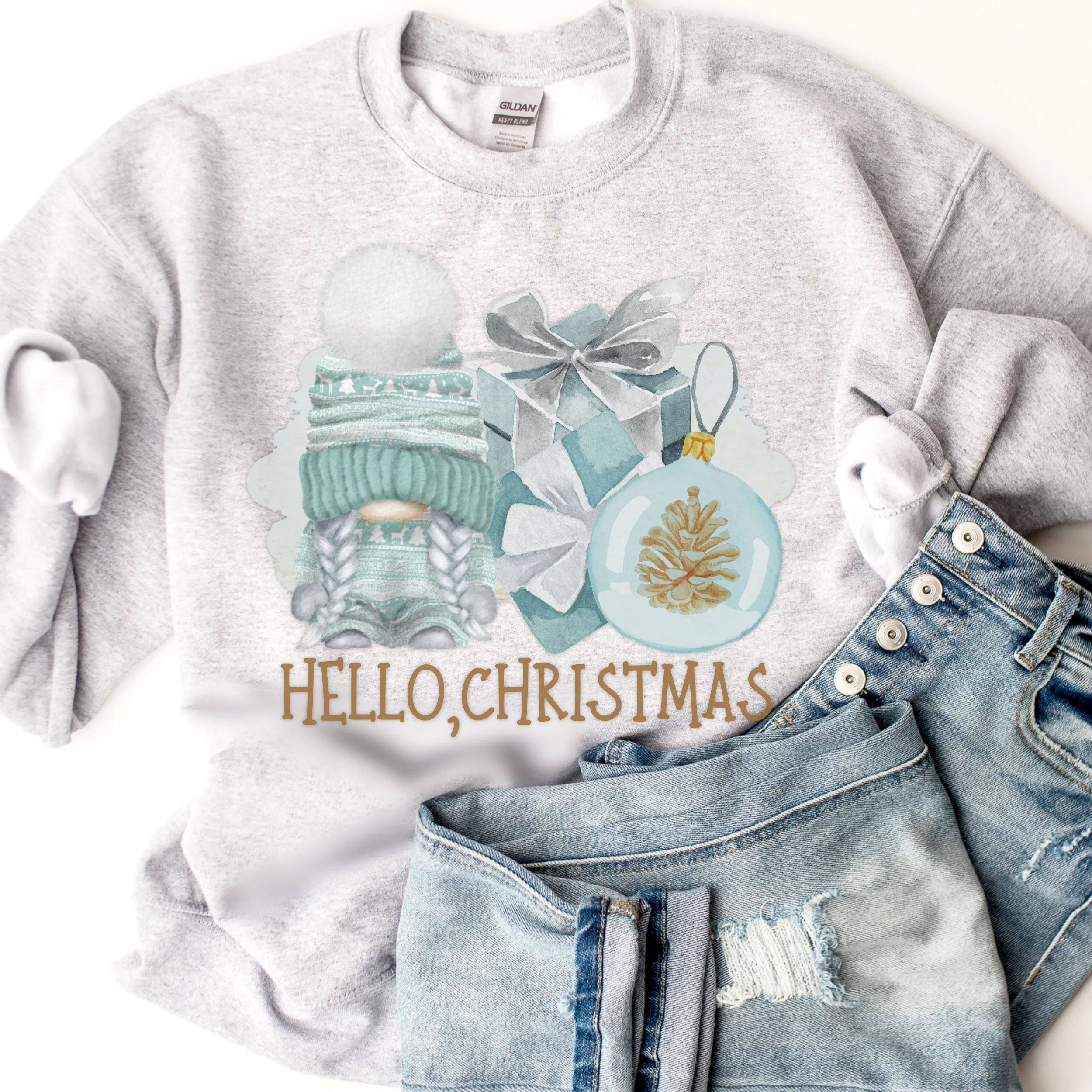 Hello Christmas Gnome Crewneck Sweatshirt Cute Warm and Cozy Gildan® Pullover Watercolor Ornament Christmas or Winter Shirt