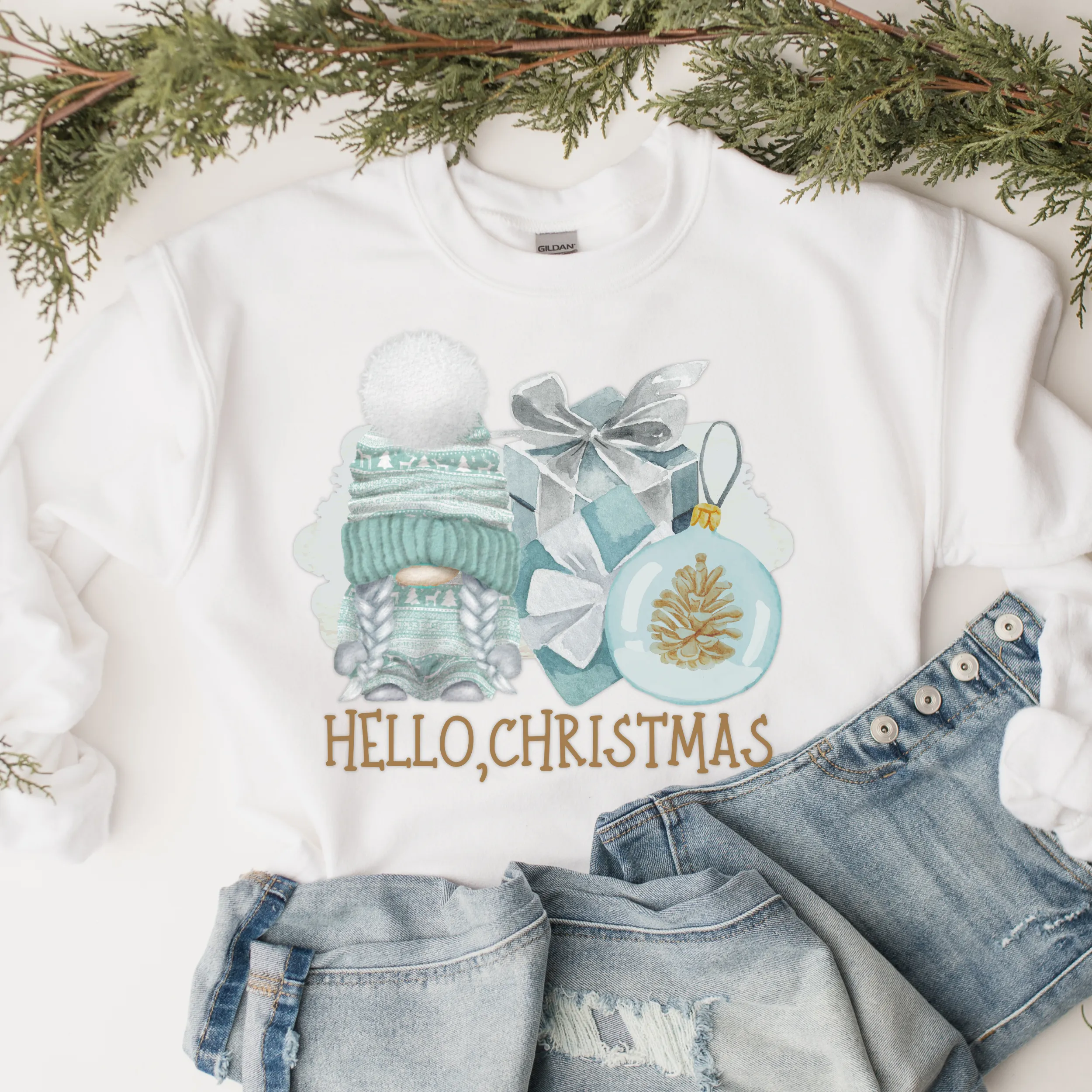 Hello Christmas Gnome Crewneck Sweatshirt Cute Warm and Cozy Gildan® Pullover Watercolor Ornament Christmas or Winter Shirt