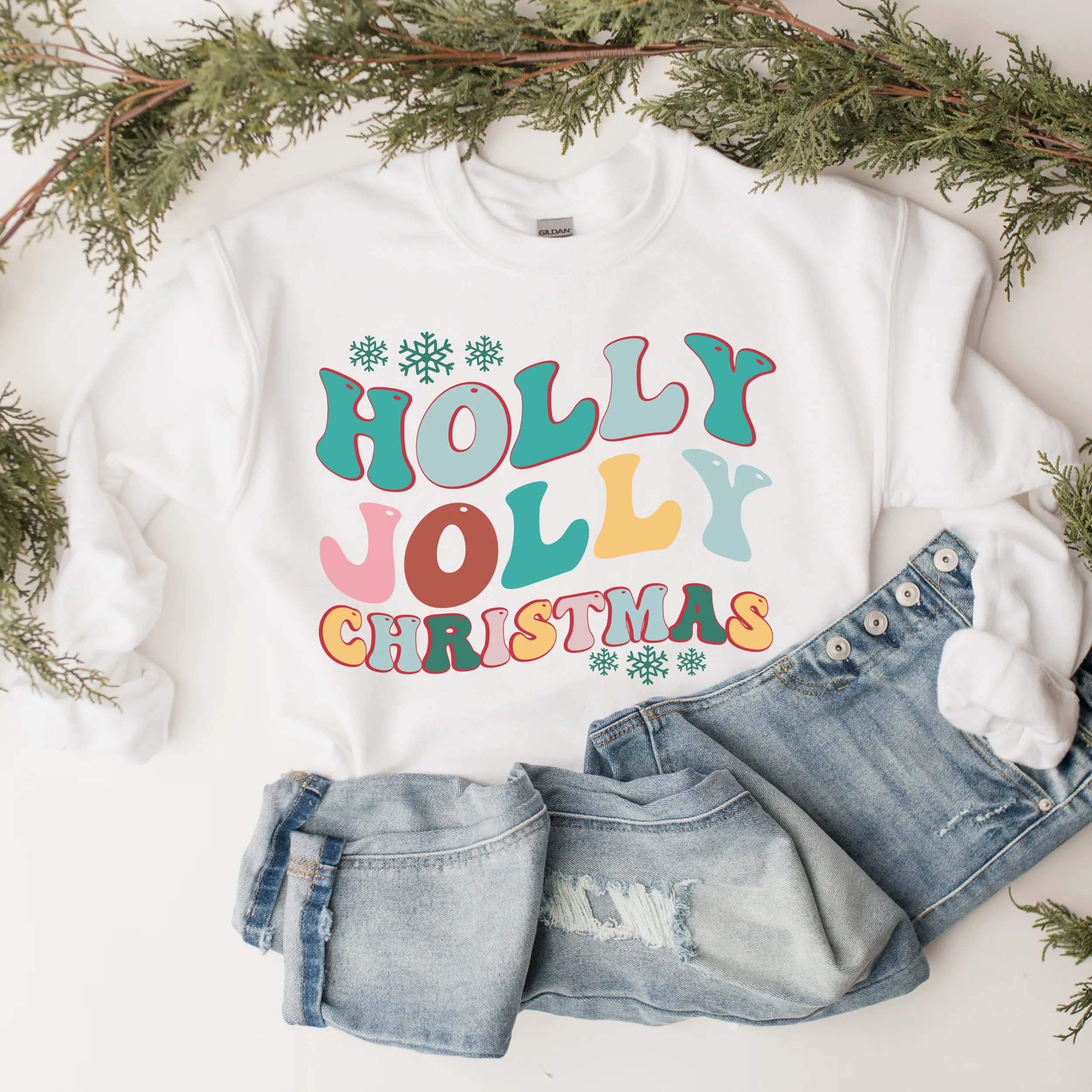 Holly Jolly Christmas Crewneck Sweatshirt Women's Pastel Retro Design Cute White or Ash Grey Cozy Gildan Christmas Pullover